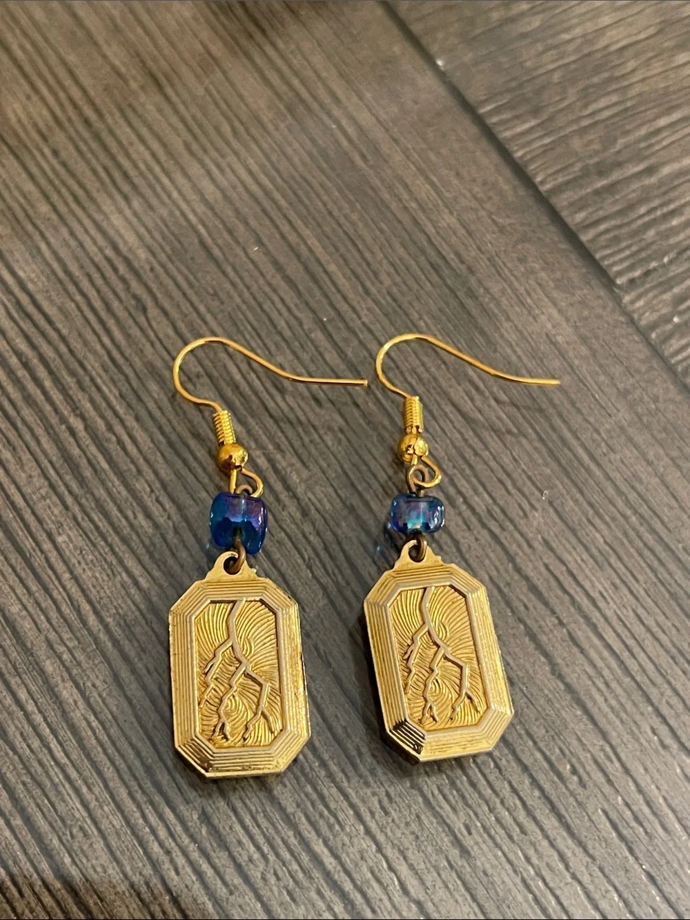 Vintage Gold-tone Rectangular Zeus Medallion Dangle Earrings